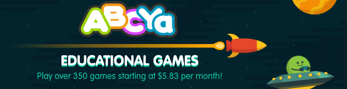 Ad banner for "ABCya Educational Games" featuring a rocket, alien on a UFO, and tablet with game icons.