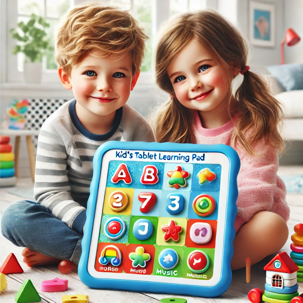 The image showcases a cheerful and playful scene of two young children, a boy and a girl, sitting on the floor in a bright and colorful playroom, engaging with a learning toy designed to aid in early childhood education. Foreground (Children and Learning Pad):
Boy (Left): The boy, around 4-5 years old, has short, wavy blonde hair and bright blue eyes. He is wearing a light grey and white striped long-sleeve shirt and blue jeans. He smiles warmly at the camera, exuding a sense of joy and curiosity. His posture is relaxed, with one hand placed on the "Kid's Tablet Learning Pad."
Girl (Right): The girl, approximately the same age as the boy, has long, light brown hair styled in two pigtails. She wears a light pink sweater and smiles softly at the camera, her blue eyes reflecting a sense of warmth and friendliness. She sits close to the boy, also engaging with the tablet.
Learning Pad: In the center foreground, both children are holding a colorful educational toy labeled "Kid's Tablet Learning Pad." The tablet features large, tactile buttons with vibrant colors and shapes, including letters (A, B, C), numbers (2, 3, 7), and various icons such as a star, music note, and flower. The buttons are designed to be easily pressed by small hands, encouraging interactive learning through play.
Button Labels: The buttons are labeled with simple words like "MUSIC" and "WORDS," suggesting the tablet can play sounds, music, or say words aloud, enhancing the children's learning experience.
Background (Playroom Setting):
Room Environment: The setting is a well-lit, cozy playroom with a large window allowing natural light to fill the space, creating a warm and inviting atmosphere. The room is furnished with soft, neutral colors that complement the colorful toys scattered around.
Toys and Decorations: Surrounding the children are various colorful toys and educational materials, such as a stack of colorful rings, a small toy house, and scattered building blocks in red, yellow, green, and blue. These toys add to the playful and learning-focused environment.
Wall Decor: The background features framed pictures and a small red lamp, indicating a carefully curated space meant to be engaging and stimulating for young children.
Overall Theme:
The image conveys a joyful and nurturing environment that promotes early childhood learning and development. It emphasizes the importance of interactive play and educational tools in fostering cognitive and motor skills in young children. The bright colors, soft lighting, and the children's happy expressions suggest a positive, playful atmosphere conducive to growth and exploration.