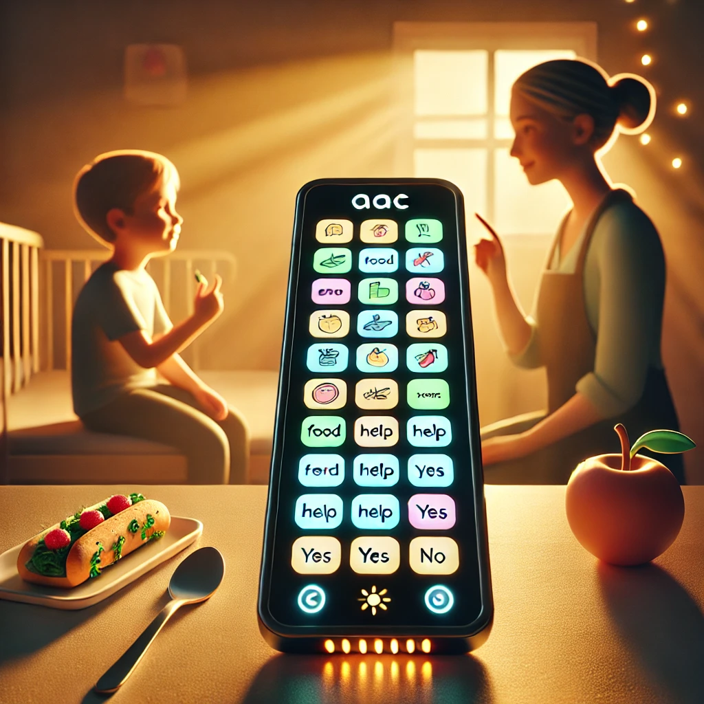 The image depicts a warm, serene scene in a softly lit room, featuring a child, a caregiver, and a large digital communication device used for assisted communication, likely designed to aid non-verbal individuals in expressing their needs and feelings.
Foreground (Communication Device):
AAC Device: At the center foreground is a large, tablet-like Augmentative and Alternative Communication (AAC) device. The screen displays a grid of colorful icons and text, each representing different words or phrases.
Icons and Buttons: The icons include simple illustrations such as a spoon, food, apple, help, yes, and no, with corresponding text labels in English. The icons are brightly colored, enhancing visibility and accessibility.
Bottom Controls: The bottom of the device has buttons with icons for home and brightness adjustment, indicating usability features for the user.
Background (Child and Caregiver):
Child: On the left side of the image, a young boy, around 4-6 years old, is sitting on a bench or bed. He has light brown hair and is wearing a light-colored shirt and pants. The child is holding a small object, possibly a piece of food or a communication tool, and is looking intently at the caregiver. The warm, natural light from the window illuminates his profile, creating a calm and focused atmosphere.
Caregiver: On the right side, an adult woman with her hair neatly tied back and wearing a light-colored apron over a shirt is seated opposite the child. She has a gentle, attentive expression and is holding up a finger, possibly gesturing or indicating something to the child. Her posture suggests a nurturing and supportive role, emphasizing communication and engagement.
Setting and Lighting:
Warm Lighting: The room is bathed in soft, golden sunlight streaming in from a window in the background, casting a gentle glow around the figures and the AAC device. This lighting creates a warm, comforting environment, highlighting the theme of caregiving and communication.
Props: A table in the foreground features a small plate with a sandwich, garnished with vegetables, and a spoon, indicating a mealtime setting. To the right of the AAC device, there is a small, vividly colored apple, reinforcing the food theme and the practical use of the device to communicate basic needs like hunger.
Overall Theme:
The image conveys a message of support and communication in a caregiving context, emphasizing the use of assistive technology to bridge communication gaps. It reflects themes of compassion, technology-aided learning, and the importance of understanding and responding to non-verbal cues. The setting and expressions suggest a positive, encouraging environment for fostering communication skills.