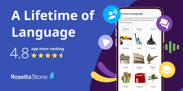 Promotional image for Rosetta Stone language learning app with a 4.8 app store rating.