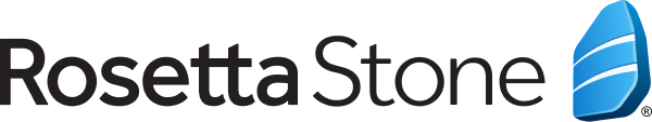 Logo of Rosetta Stone, featuring stylized text next to a blue, stone-shaped icon.