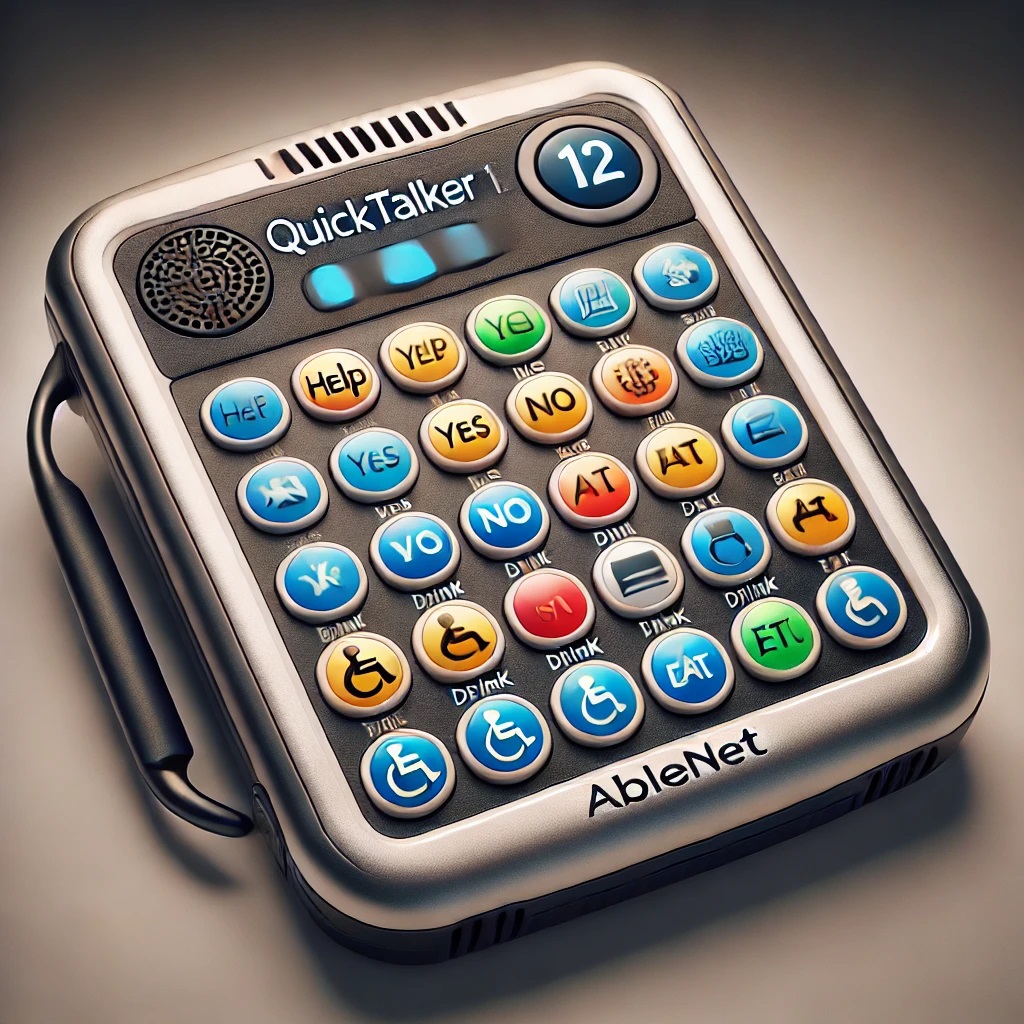 Assistive communication device with colorful buttons, labeled "Yes," "No," "Help," among others.