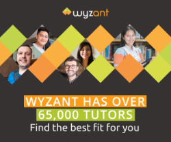 Advertisement for Wyzant featuring diamond-shaped cutouts with diverse individuals, emphasizing over 65,000 tutors available.